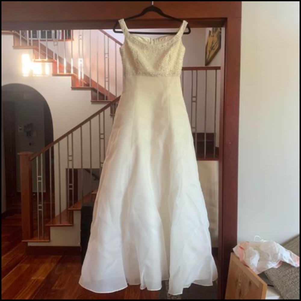 Demetrio’s Beaded A Line Wedding Dress With Attachable Train Off The Shoulder